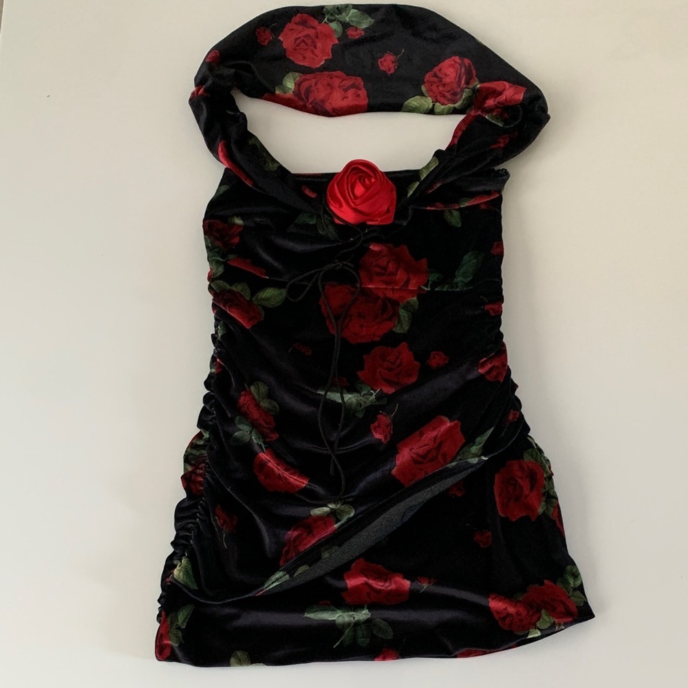 For Love & Lemons | Bianca Mini Dress Black Red Floral Velvet Size M - Like New - Picture 8 of 16